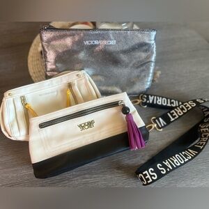 Victoria's Secret Black, White,Silver Clutch Trio & Bag Strap (set of 4 items)